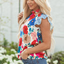  Ainara Floral Mock Neck Striped Flutter Sleeve Blouse