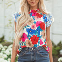  Ainara Floral Mock Neck Striped Flutter Sleeve Blouse