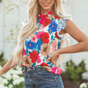  Ainara Floral Mock Neck Striped Flutter Sleeve Blouse