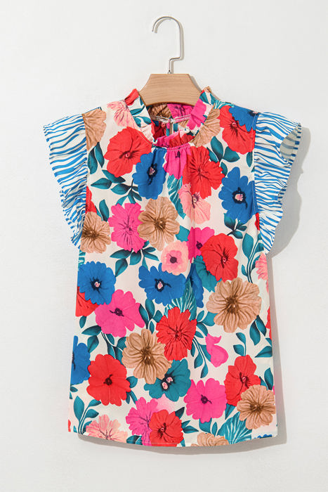 Ainara Floral Mock Neck Striped Flutter Sleeve Blouse