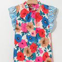  Ainara Floral Mock Neck Striped Flutter Sleeve Blouse