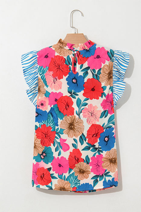 Ainara Floral Mock Neck Striped Flutter Sleeve Blouse