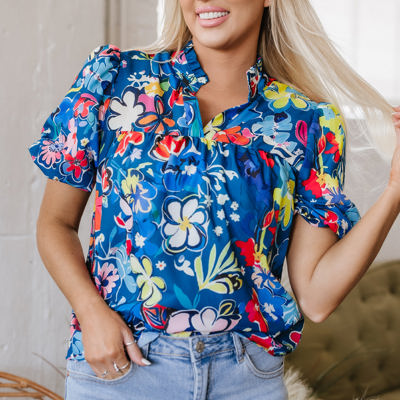 Ainara Flower Puff Short Sleeve Loose Blouse