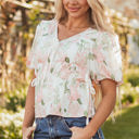  Alaiya Floral Puff Sleeve V Neck Tied Front Peplum Blouse