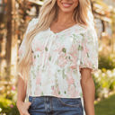 Alaiya Floral Puff Sleeve V Neck Tied Front Peplum Blouse