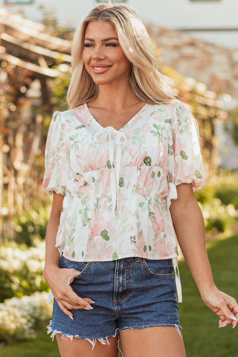 Alaiya Floral Puff Sleeve V Neck Tied Front Peplum Blouse