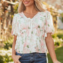  Alaiya Floral Puff Sleeve V Neck Tied Front Peplum Blouse