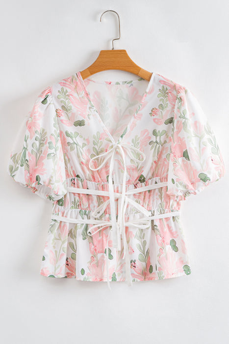 Alaiya Floral Puff Sleeve V Neck Tied Front Peplum Blouse