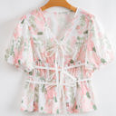  Alaiya Floral Puff Sleeve V Neck Tied Front Peplum Blouse