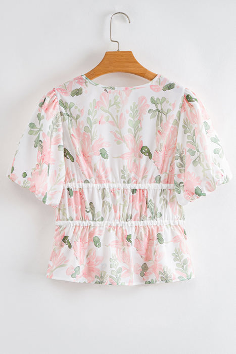 Alaiya Floral Puff Sleeve V Neck Tied Front Peplum Blouse