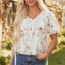 Pink XL Alaiya Floral Puff Sleeve V Neck Tied Front Peplum Blouse