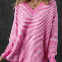  Alana Striped Scallop V Neck Loose Sweater