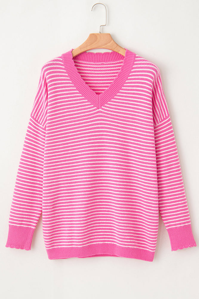 Alana Striped Scallop V Neck Loose Sweater