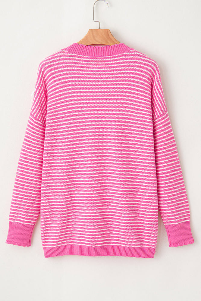 Alana Striped Scallop V Neck Loose Sweater