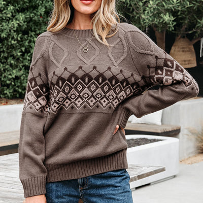 Alana Western Geometric Patterned Crew Neck Knitted Sweater