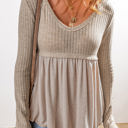 Smoke Gray Large Alexandra Textured Long Sleeve V Neck Babydoll Top