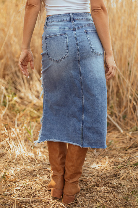 Alexis Irregular Distressed Bottom Denim Midi Skirt