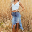  Alexis Irregular Distressed Bottom Denim Midi Skirt