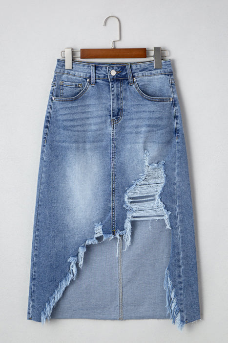 Alexis Irregular Distressed Bottom Denim Midi Skirt
