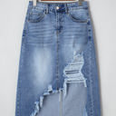 Alexis Irregular Distressed Bottom Denim Midi Skirt