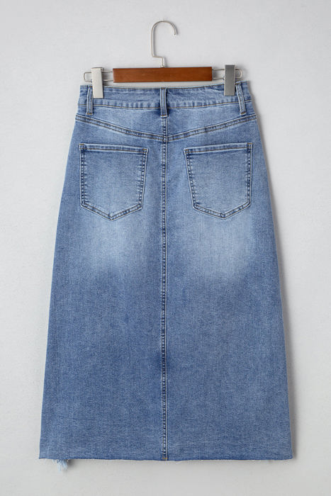 Alexis Irregular Distressed Bottom Denim Midi Skirt