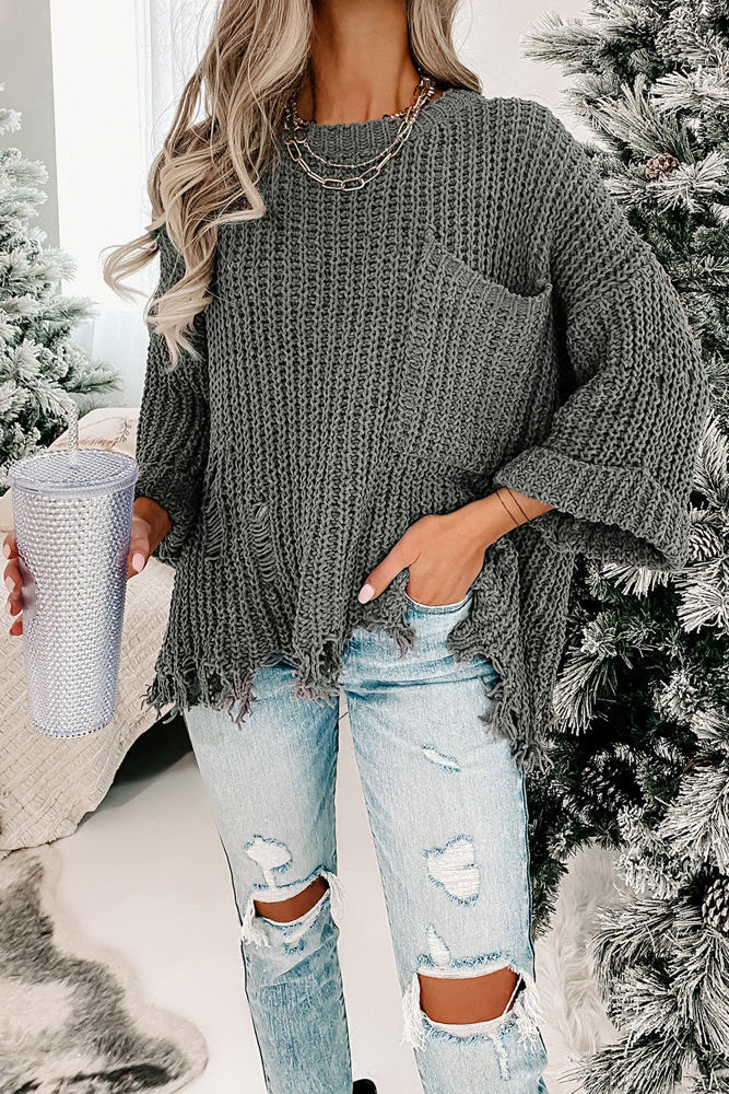 Alina Ripped Raw Hem Chunky Pullover Sweater