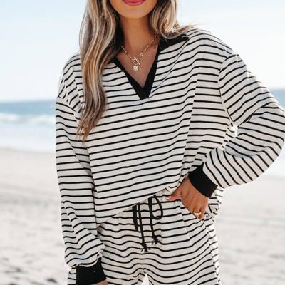 Alivia Stripe Collared Top and Drawstring Shorts Set