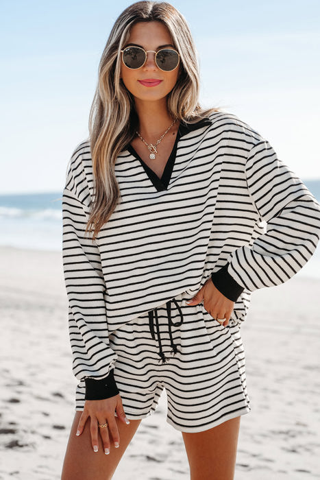 Alivia Stripe Collared Top and Drawstring Shorts Set