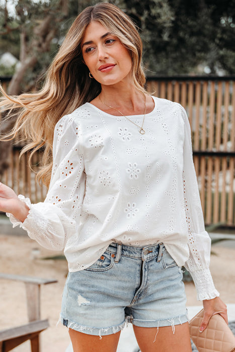Allison Eyelet Embroidered Smocked Cuff Sheer Blouse