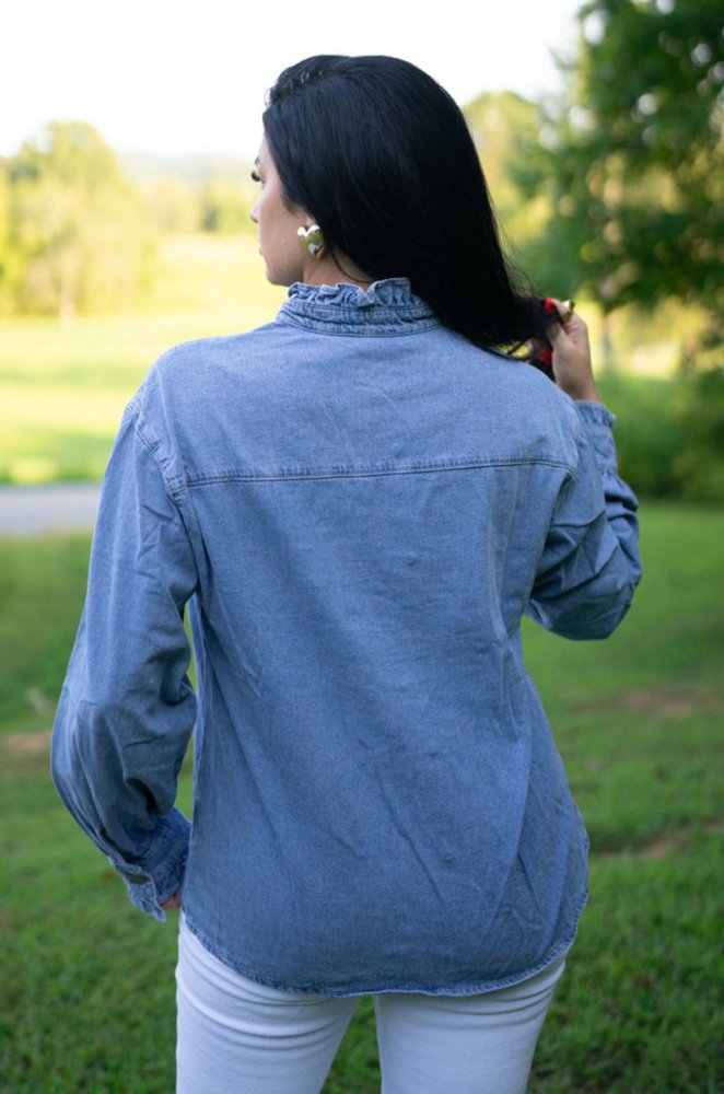 Allyson Ruffled Long Sleeve Buttoned Denim Shirt