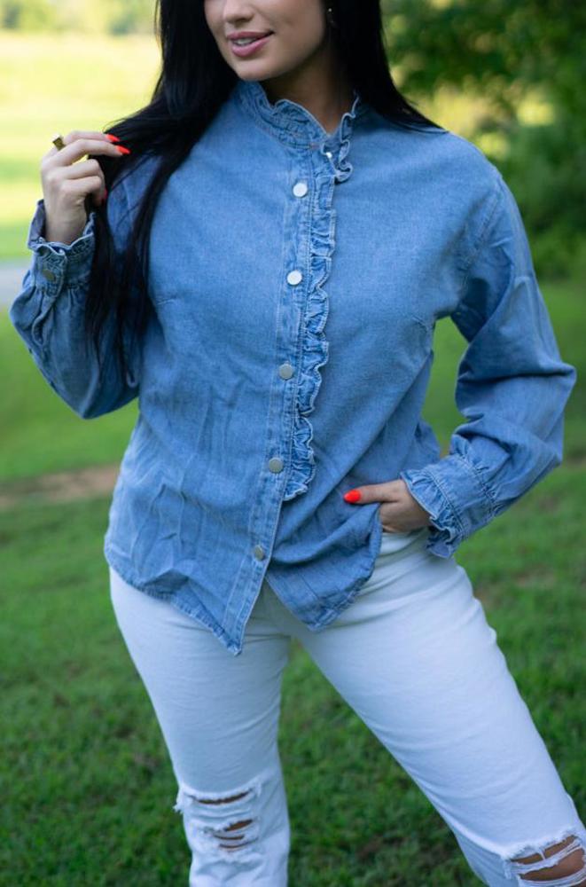 Allyson Ruffled Long Sleeve Buttoned Denim Shirt