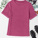 Bright Pink Large Alma Ribbed Splicing Sleeve Round Neck Top