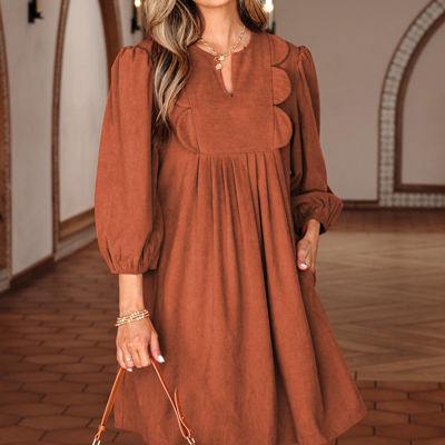 Alyssa Split Neck Scallop Detail Pleated Corduroy Mini Dress