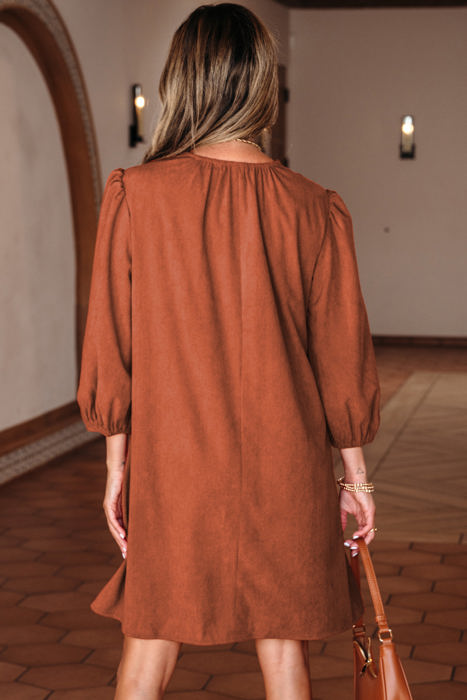 Alyssa Split Neck Scallop Detail Pleated Corduroy Mini Dress