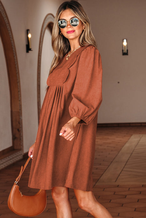 Alyssa Split Neck Scallop Detail Pleated Corduroy Mini Dress