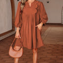  Alyssa Split Neck Scallop Detail Pleated Corduroy Mini Dress