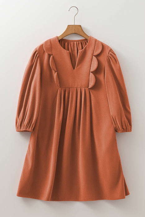 Alyssa Split Neck Scallop Detail Pleated Corduroy Mini Dress
