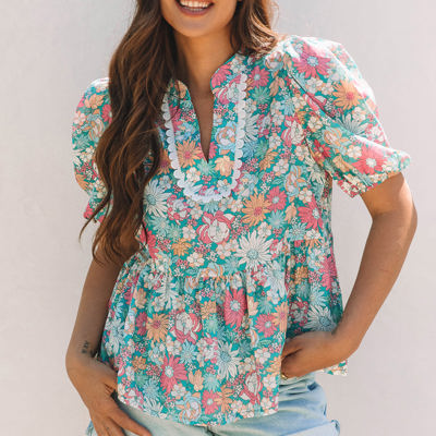 Amaris Notched Neck Puff Short Sleeve Floral Blouse