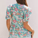  Amaris Notched Neck Puff Short Sleeve Floral Blouse