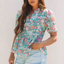  Amaris Notched Neck Puff Short Sleeve Floral Blouse