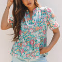  Amaris Notched Neck Puff Short Sleeve Floral Blouse