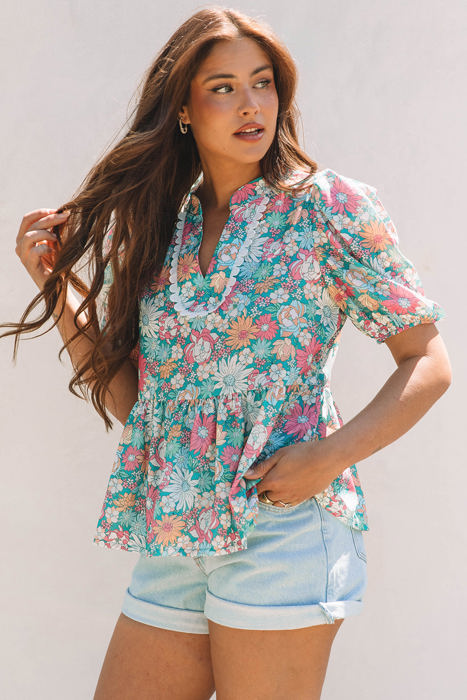 Amaris Notched Neck Puff Short Sleeve Floral Blouse