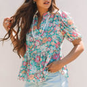  Amaris Notched Neck Puff Short Sleeve Floral Blouse