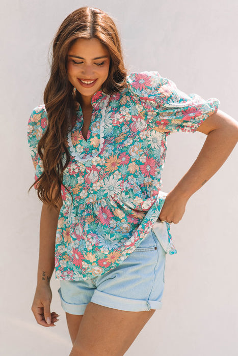Amaris Notched Neck Puff Short Sleeve Floral Blouse