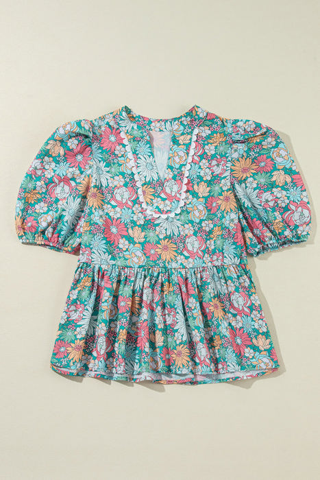 Amaris Notched Neck Puff Short Sleeve Floral Blouse