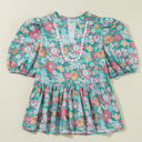  Amaris Notched Neck Puff Short Sleeve Floral Blouse