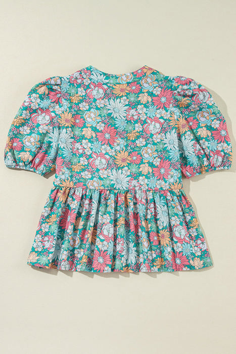 Amaris Notched Neck Puff Short Sleeve Floral Blouse