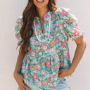 Multicolored XL Amaris Notched Neck Puff Short Sleeve Floral Blouse