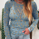 Sky Blue Medium Amber Vintage Floral Mesh Long Sleeve Top
