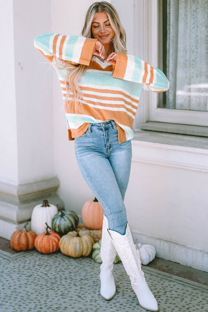 Amelia Stripe Long Sleeve Split Sweater